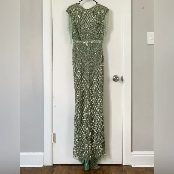 $698 Mac Duggal High Neck Beaded Sequin Fringe Sage Green Gown Dress 4908 Size 4 - Picture 2 of 15